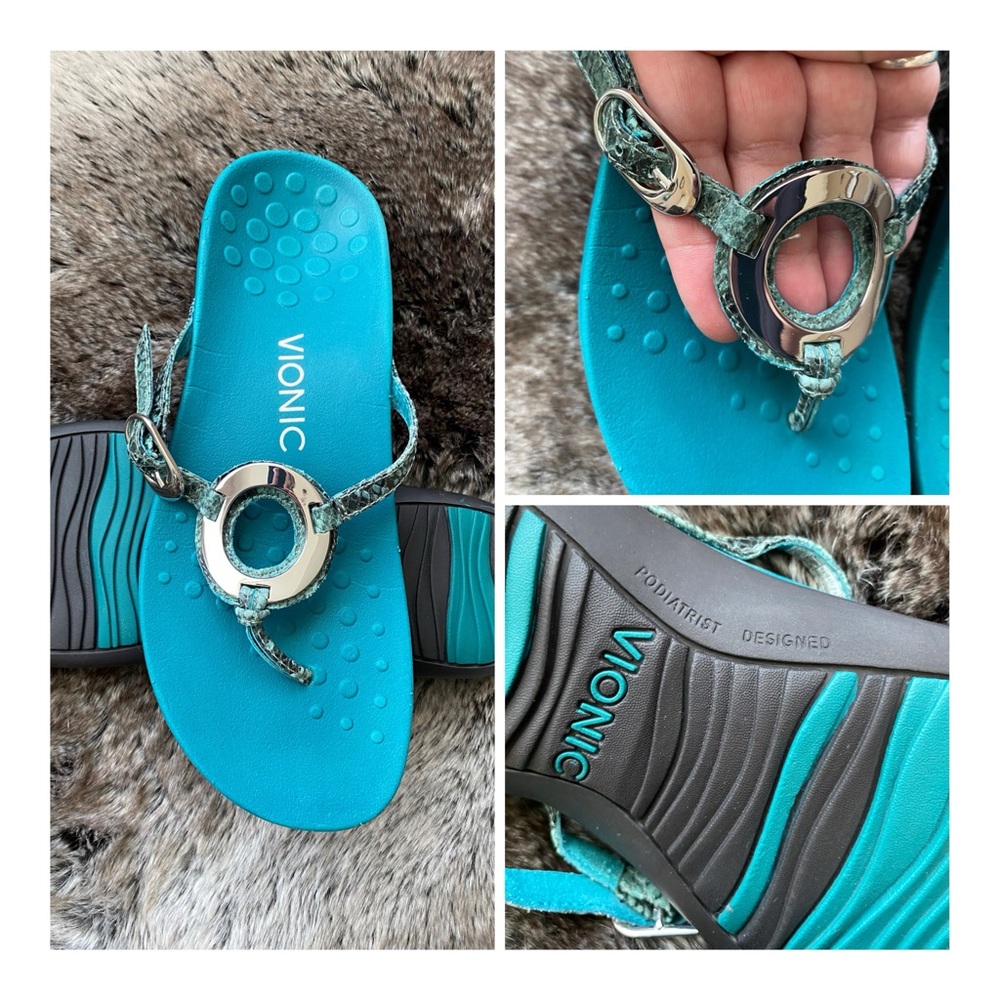 Vionic Women’s Rest Karina Backstrap Sandal in Teal Snakeskin W/ Silver. Sz. 6M.